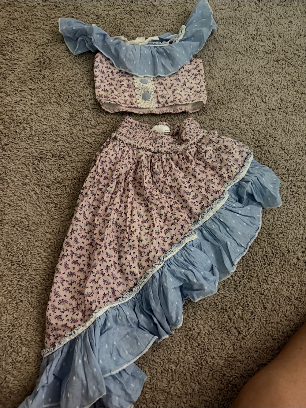 Ooh! La, La! Couture Pink Floral and Light Blue Ruffle Girls Matching Set